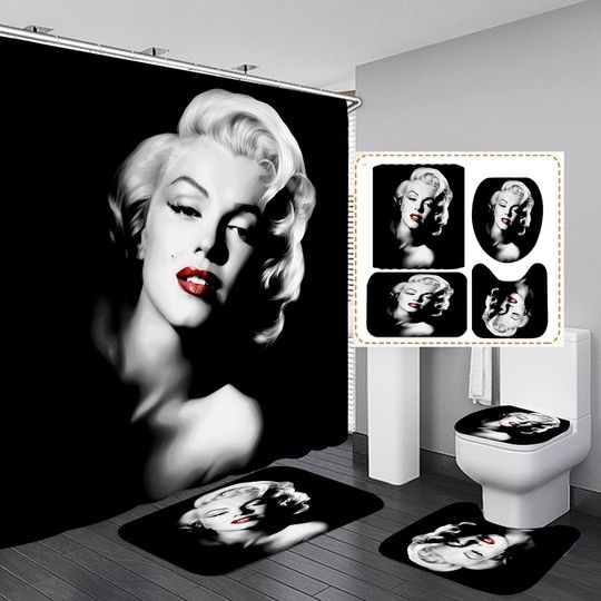 Discover Frameless Bathroom 4 Pieces Set Monroe Shower Curtain, Toilet Lid Cover and Bath Mat, Non-Slip Rugs, Bathroom Decor Set