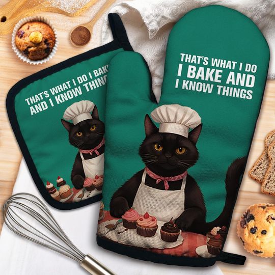 Discover That's What I Do I Bake and I Know Things Funny Heat Resistant Oven Mitts and Pot Holders Set Cat Lover Cooking Baking Gadgets
