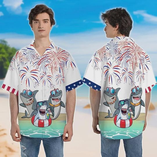 Discover Funny Sharks Firework Hawaiian Shirts