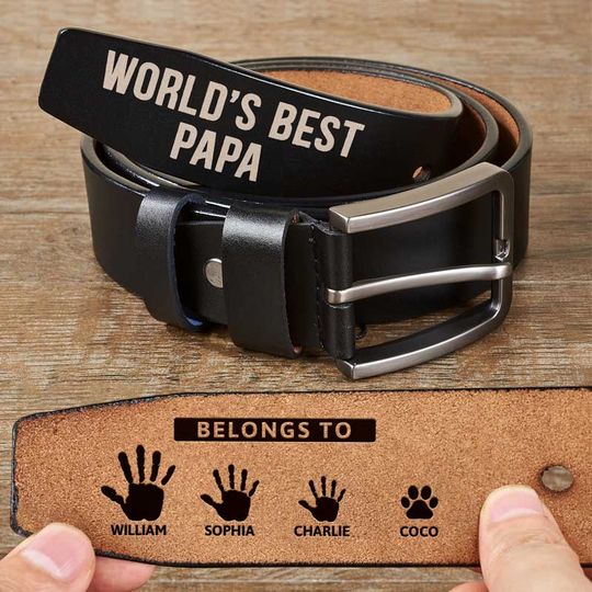 Discover World's Best Papa Belongs To Grandkids - Personalized Engraved Leather Belt