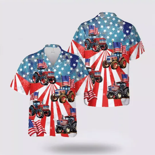 Discover 4th Of July Farm Tractor And US Flag 3D HAWAII SHIRT