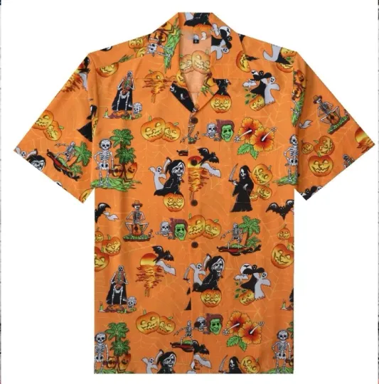 Discover Men's Halloween Hawaiian Shirt Pumpkins Button Down Skull