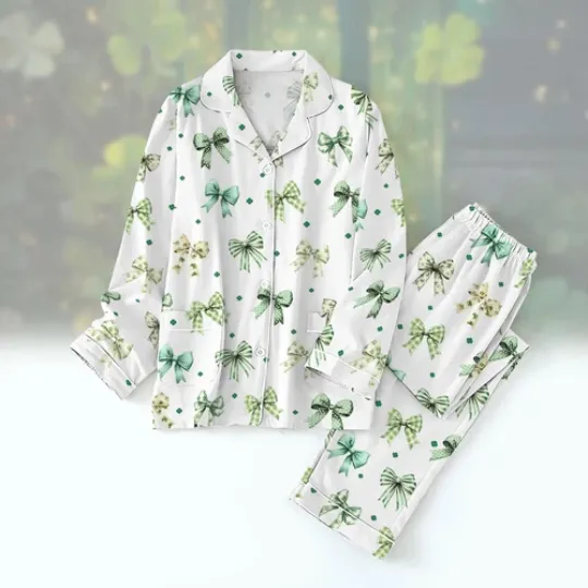 Discover Coquette Patrick_s Day Bow Pajamas Set, Luxury Sleepwear for Women, Cute Holiday Gift
