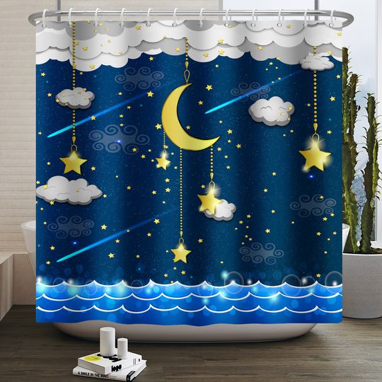 Discover Blue Starry Sky Shower Curtain Moon Clouds