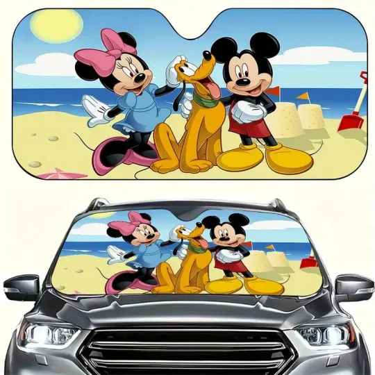 Discover Mickeyy Minie Mouse & plutoo Dog Summer Beach Trip Car Windshield Sun Shade