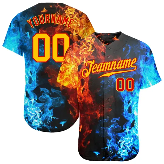 Discover Custom Red Gold 3D Flame Baseball Jersey