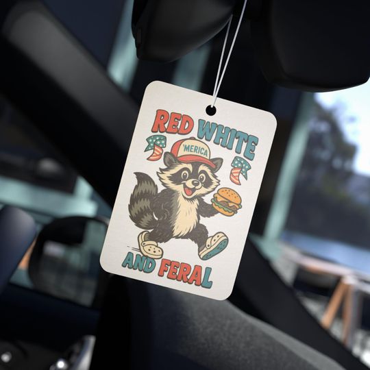 Discover Red White and Feral Car Air Freshener, Cute Raccoon Design, Gift for America Lovers