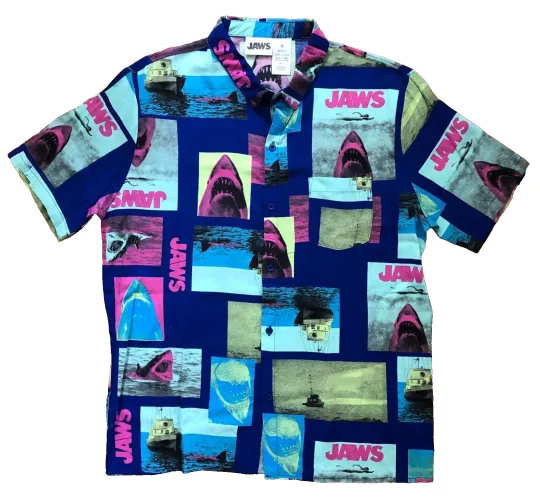 Discover JAWS Movie Hawaiian Shirt, Mens Size Medium, Rayon Button Up, Collage Graphic