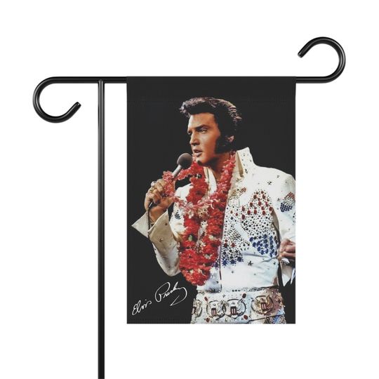Discover Elvis Presley. Elvis Presley in concert singing Garden & House Banner or flag with his signature.