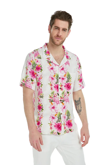 Discover Father and Daughter Wai Set – White Hawaiian Outfit with Pink Hibiscus Vine Print