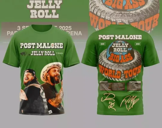 Discover Post Malone With Jelly Roll World Tour 2025 Signature 3D T-Shirt Gift Men Women