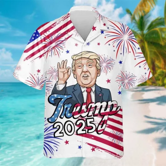 Discover President Trump 2025 Patriotic Gift Fireworks Happy 4th Of July Hawaiian Shirt