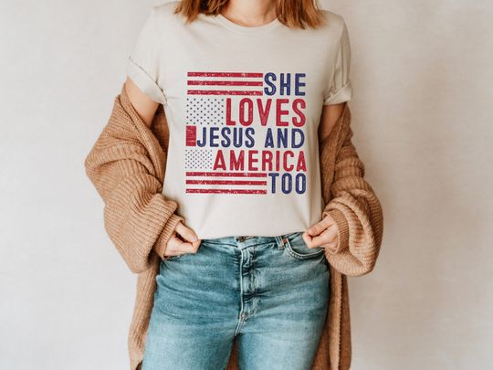 Discover She Loves Jesus And America Too Shirt, Independence Day Shirt, Christian Shirt, 4th of July Shirt, America Retro Shirt, USA Shirt, USA Flag