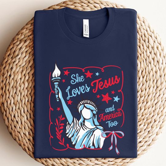 Discover She Loves Jesus And America Too 4th of July Shirt,Womens 4th of July,Jesus Lover America Shirt,4th of July,Christian Patriotic Shirt