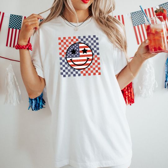 Discover Retro Smile Face Flag Shirt, American Flag Happy Face TShirt, 4th of July Shirt