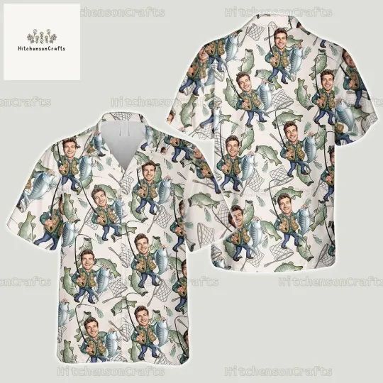 Discover Custom Fathers Day Fishing Hawaiian Shirt With Face Custom Fishing Shirt