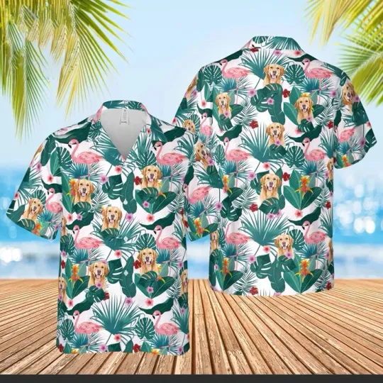 Discover Custom Flamingo Hawaiian Shirt with Pet Face, Personalized Dog Hawaiian Shirts
