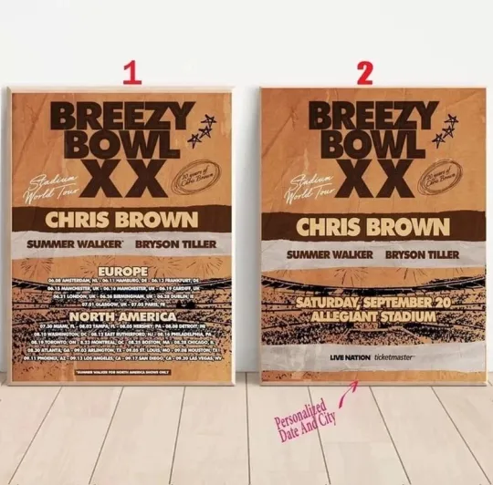 Discover Custom Chris Brown “Breezy Bowl XX” World Stadium Tour 2025 Poster