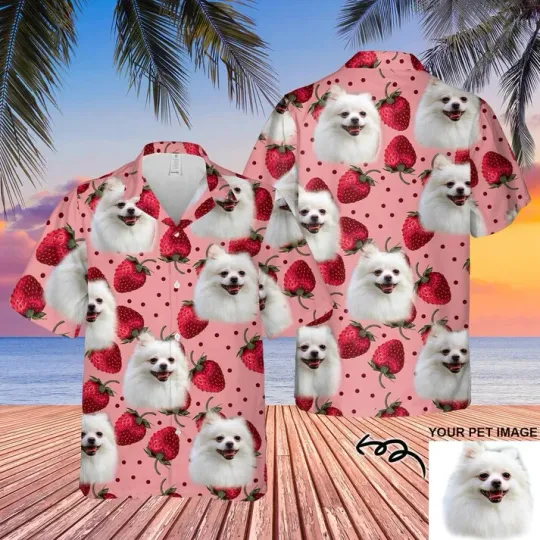 Discover Custom Photo Pet Dog Face Floral Strawberry Hawaiian Shirt