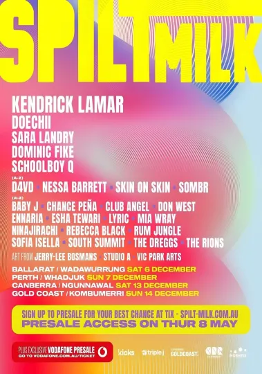 Discover Split Milk 2025 Festival Kendrick Lamar Doechii Sara Landry Line Up Tour Poster