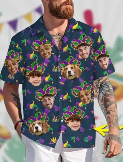 Discover Custom Face Mardi Gras Hawaiian Shirt, Personalized Hawaiian Gift