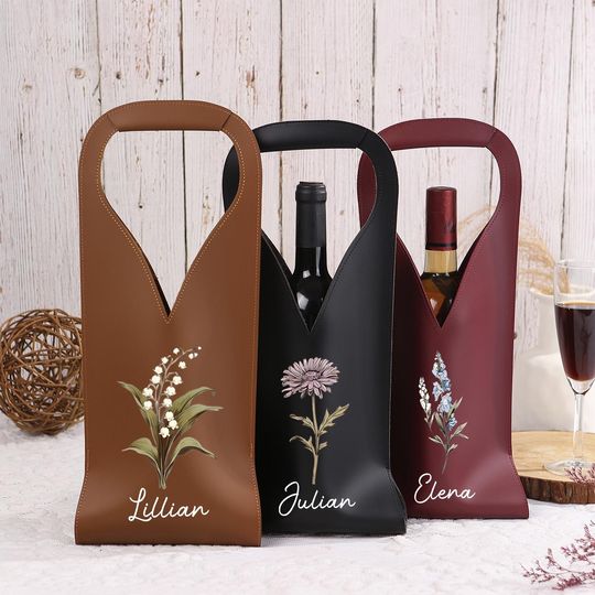Discover Personalized Wine Tote Bag,Custom Name Leather Wine Bag, Engraved Birth Flower Wine Bag