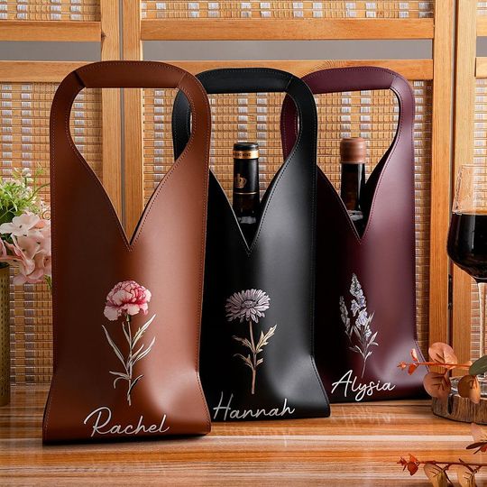 Discover Personalized Birth Flower Leather Wine Bag with Name and Handle Protective Wine