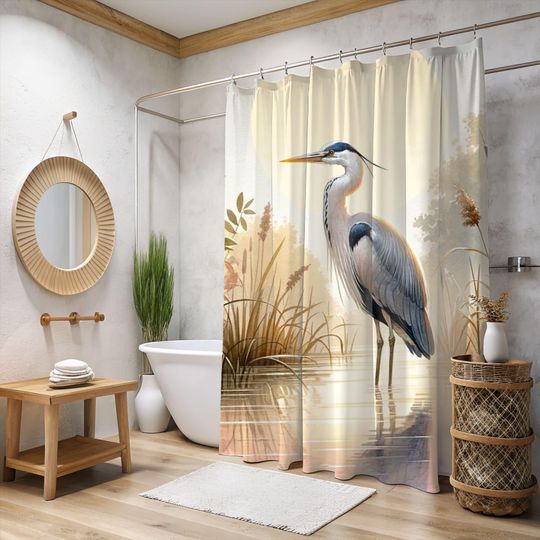 Discover Blue Heron Printed Coastal William Morris Shower Curtain | B