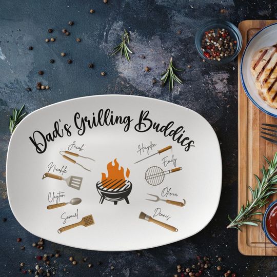 Discover Custom Dad Kids Grill tools With Name Platter, Personalized Papa Grandpa Grilling Plate