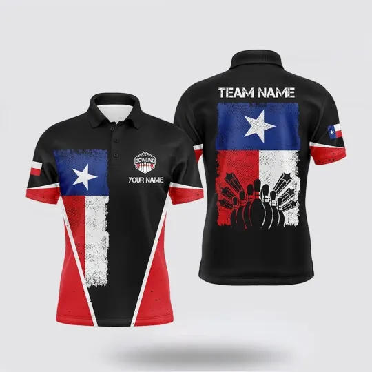 Discover Custom Name Texas Flag Vintage Black Bowling Team Polo Bowling Shirts Uniform