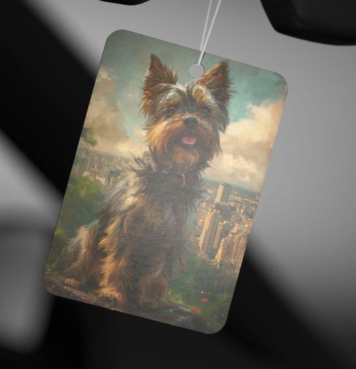 Discover Car Air Freshener, Cute Yorkshire Terrier Art, City Skyline View