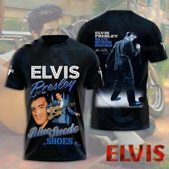 Discover Vintage Elvis Presley 3D Shirt Elvis King Of Rock Blue Suede Elvis Tee