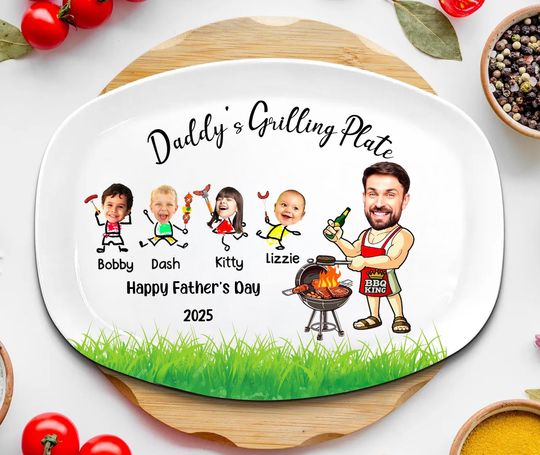 Discover Personalized Face Grilling with Kids' Names Platter, Custom Daddy's Grilling Plate