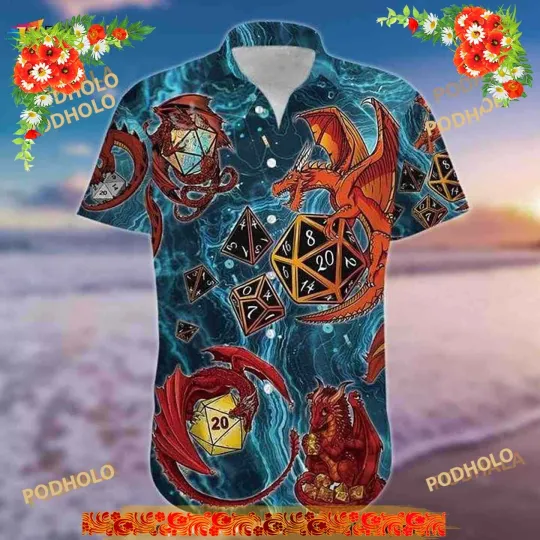 Discover Amazing Lucky Dragon Playing Dice Blue Hawaiian Shirt