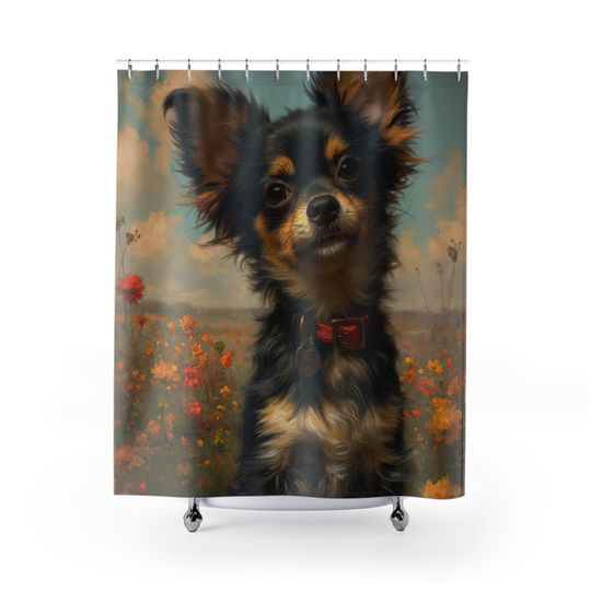 Discover Cute Chihuahua Dog Puppy in a Field of Flowers Artwork Shower Curtain