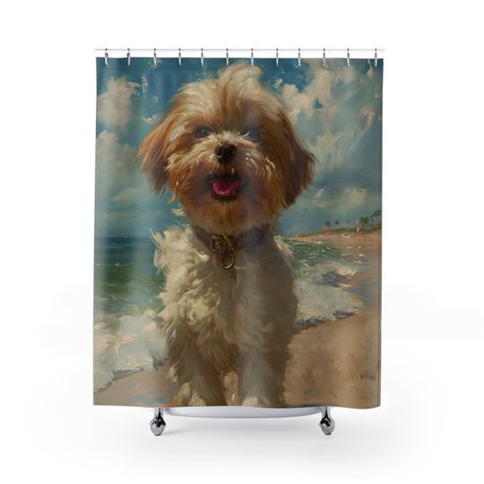 Discover ShiTzu Dog Walking on Beach- Beach House Dog Owners Shower Curtain