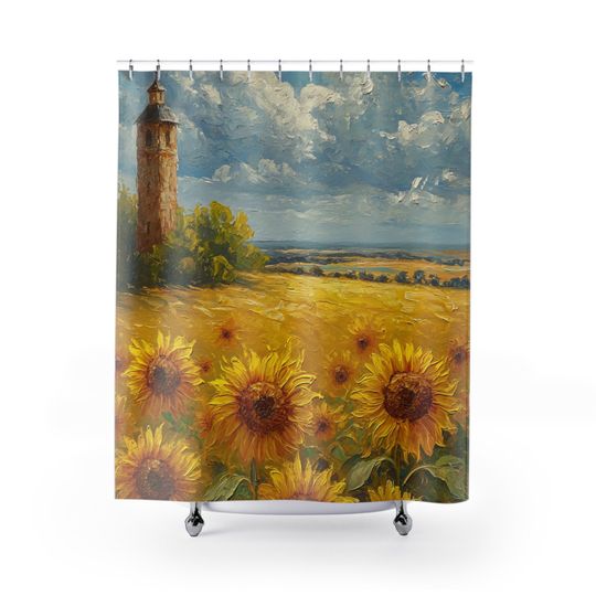 Discover Sunflowers in the Countryside with Tower in the Background Shower Curtain