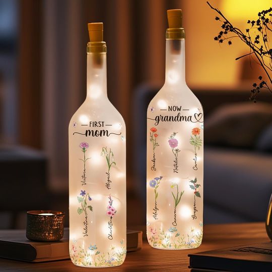 Discover Personalized Mom Bottle Lamp, First Mom Now Grandma, Custom Wine Bottle Lamp