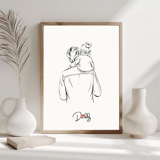 Discover Fathers Day Line Art, Dad and Daughter Drawing, Parent Child Poster, Decor