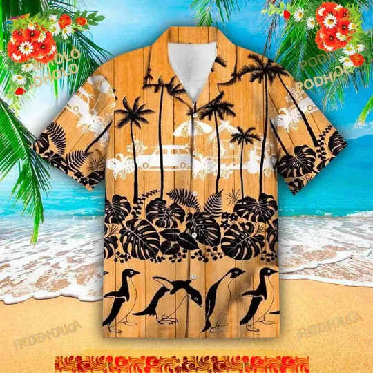Discover Palm Tree Penguin Tropical Leaves Funny Hawaiian Shirt