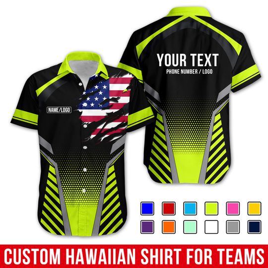 Discover Custom Work Shirt with Name – USA Flag Hawaiian Uniform for Garage, Mechanic, Firefighter