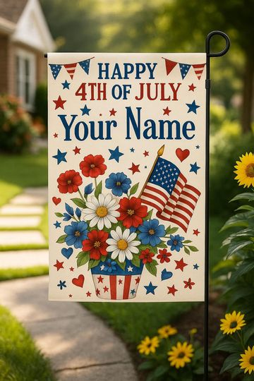 Discover Personalized Happy 4th of July Garden Flag, Custom Name Patriotic Yard Decor