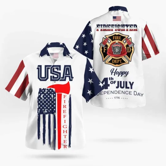 Discover USA Firefighter Happy 4th Of July Independence Day 1776 Hawaiian Shirt Full Size