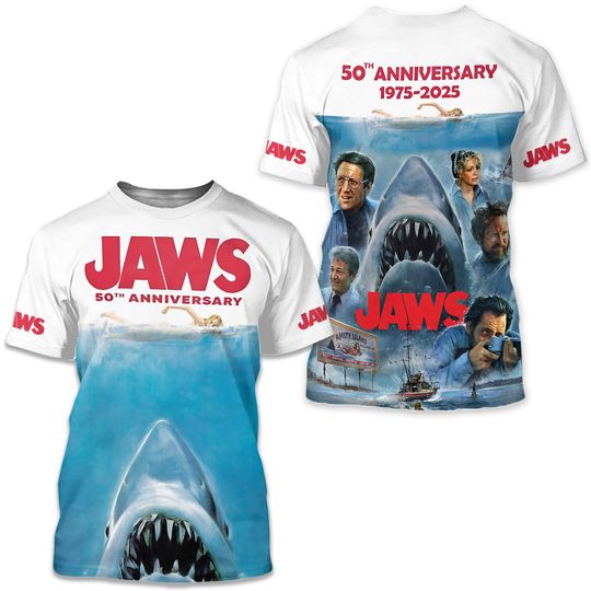Discover Jaws 50Th Anniversary 3D Printed T-Shirt - Anniversary Gift for Movie Fans