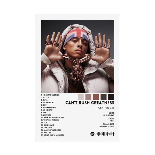 Discover CAN'T RUSH GREATNESS Tracklist, Central Cee Rolled Poster