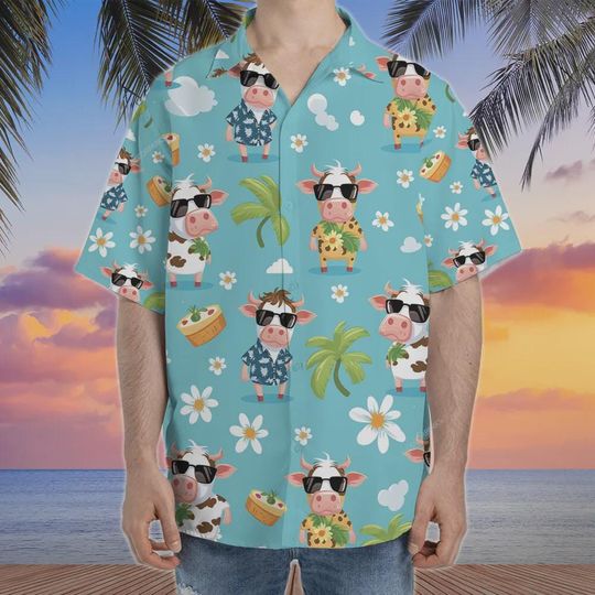 Discover Kawaii Cow Hawaiian Shirts, Colorful Beach Shirt with Cows Outfits, Tropical Summer