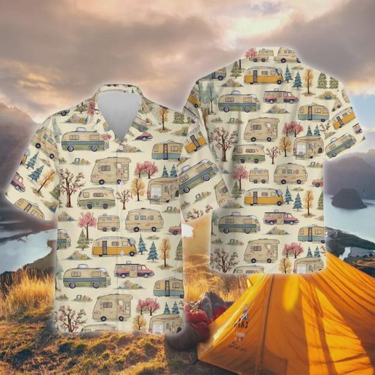 Discover Vintage Camping Button Down Hawaiian Shirts, Camping Short Sleeve Shirts