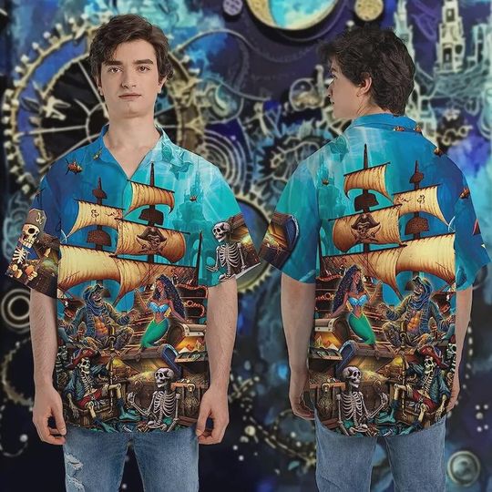 Discover Vintage Skull Pirates And Mermaid Hawaiian Shirts, Pirate Ship Aloha Beach Shirt