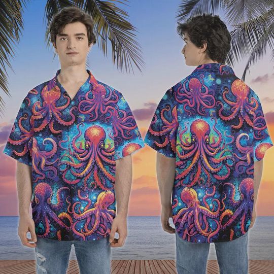 Discover Neon Octopus Unisex Hawaiian Shirt, He'e Tako 3d Aloha Button Down Shirt