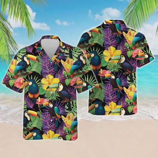 Discover Mens Tropical Bird & Flower Print Shirt, Summer Vacation Top, Jungle Bird Shirt